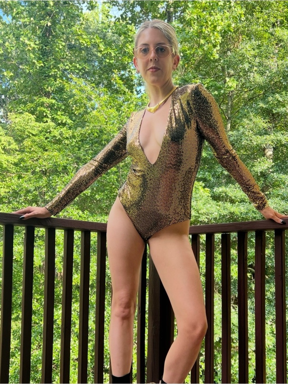 Gucci Gold Metallic Deep V Long-Sleeve Bodysuit